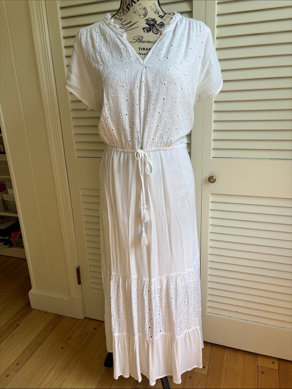 White Eyelet Maxi Dress Drawstring Waist Coastal Summer